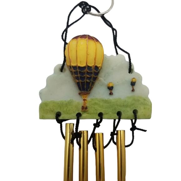 Wind Chimes Resin Yellow Hot Air Balloon Sky Mountains Metal Rod Home Decor - Picture 3 of 5